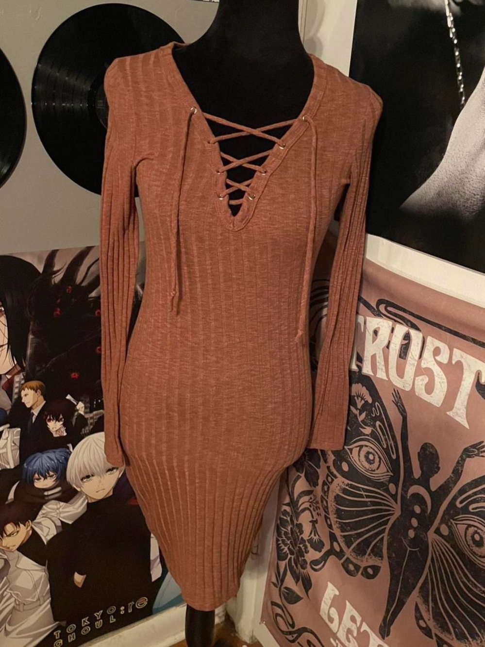 Charlotte Russe Rust Lace-Up Ribbed Long Sleeve Dress
